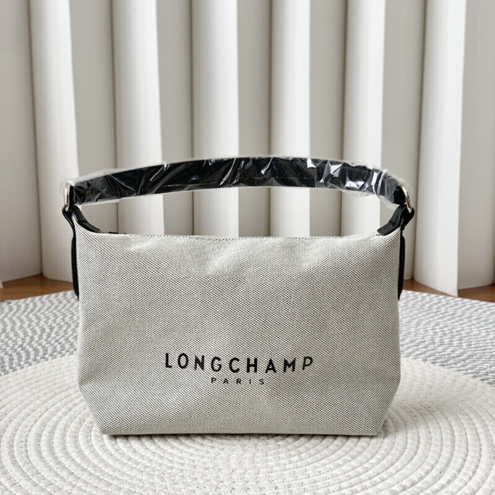 Longchamp Paris Canvas Hobo Shoulder Bag Beige Black Trim New